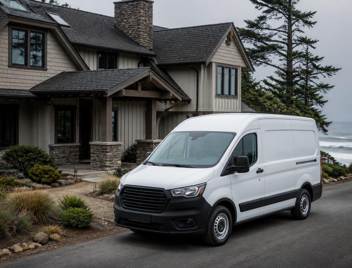 Service van parked at a coastal Oregon home