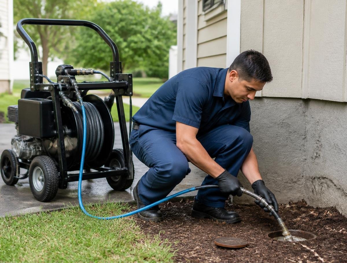 Technician hydro-jetting a residential sewer cleanout