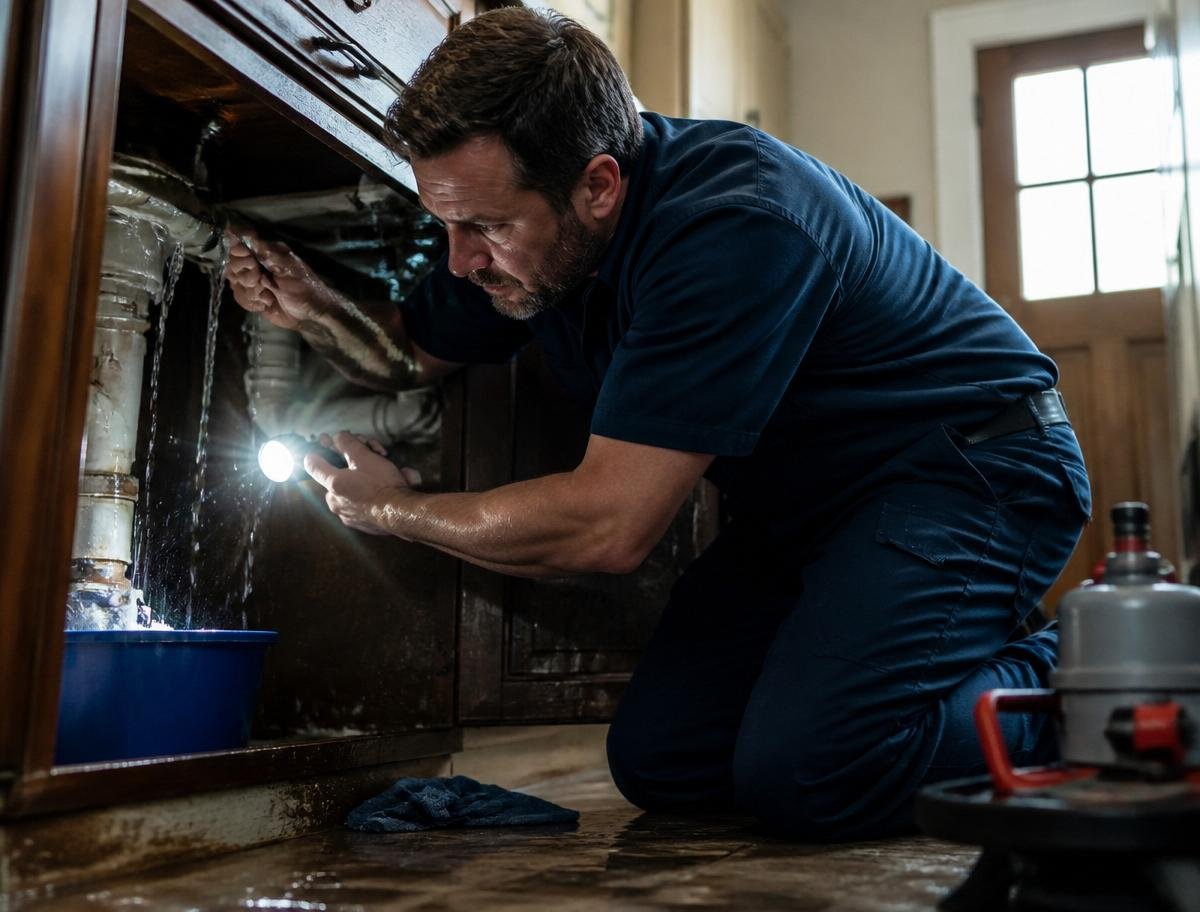 Plumber repairing a leaking pipe during an emergency call