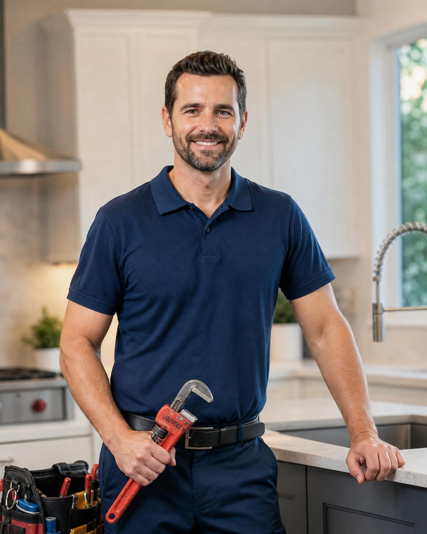 Licensed plumber standing in a bright kitchen
