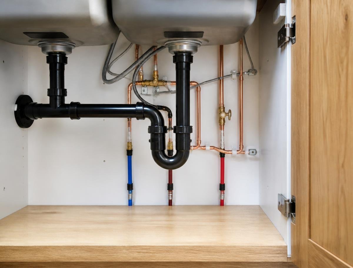Professionally installed plumbing beneath a kitchen sink