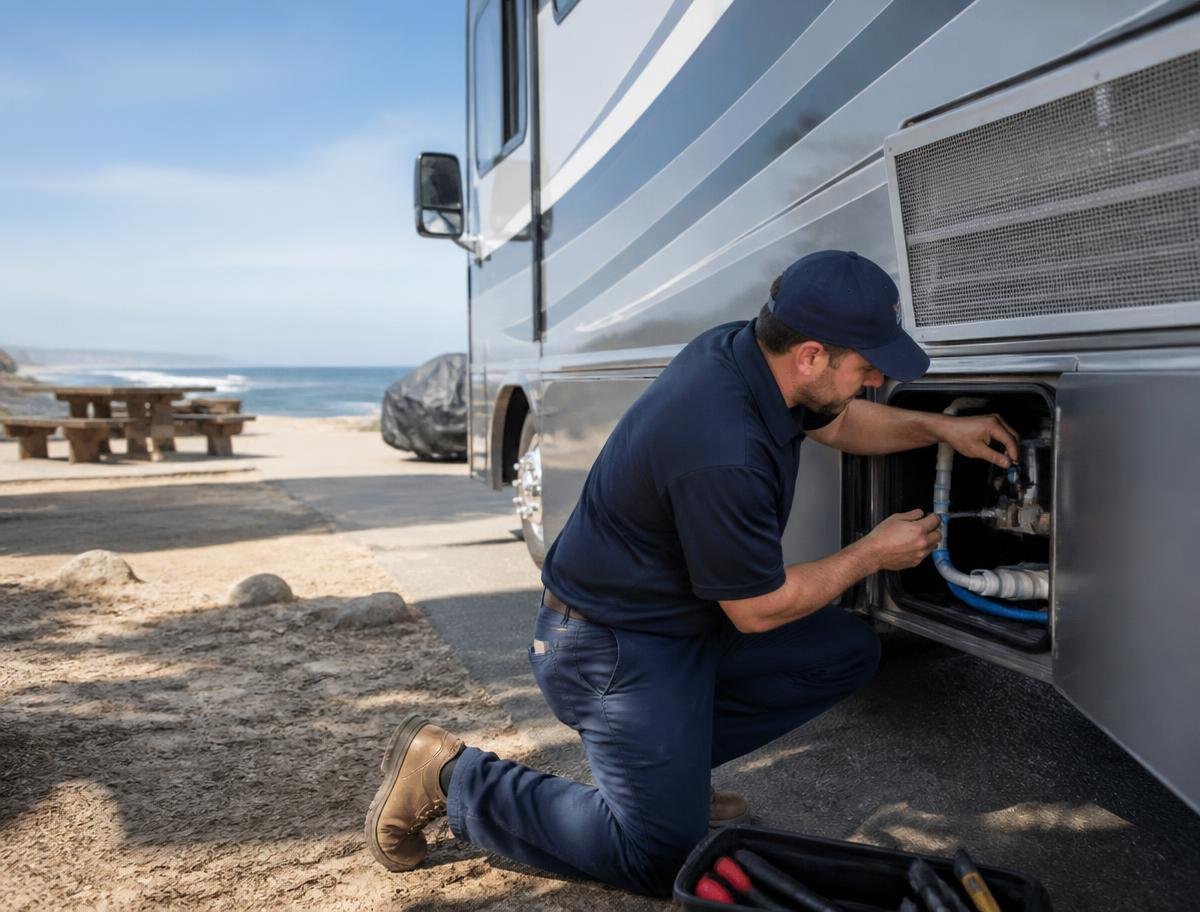 Plumber servicing the water system of an RV at a coastal campground