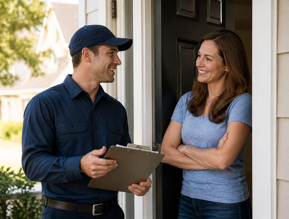Friendly plumber greeting a homeowner at her front door